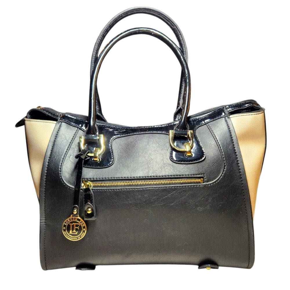 London Fog Handbag Large Tote Faux Vegan Leather Black Cream Gold Classic Preppy